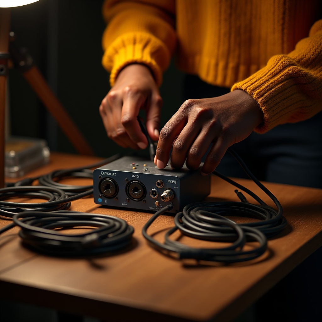 Audio-Interface mit angeschlossenen Mikrofonkabeln während des Aufbaus